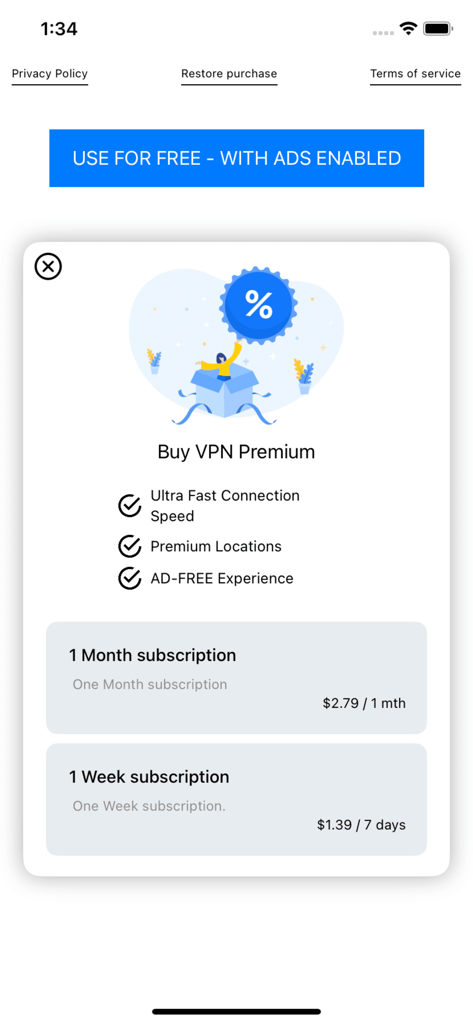 SPL VPN - SPL VPN premium upgrade screen showing subscription plans and benefits like fast speed and ad-free experience.