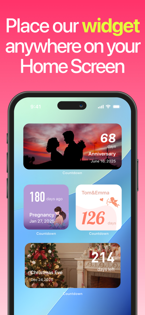 Countdown - Widget & Timer - Una variedad de widgets estéticos de cuenta regresiva en la pantalla de inicio de un iPhone, incluidos hitos de aniversario y embarazo