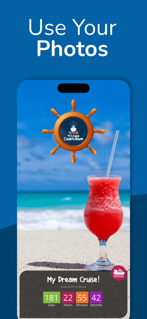 Cruise & Travel Countdown - Cruise countdown app screen showing a tropical beach background with a cocktail and a timer for My Dream Cruise