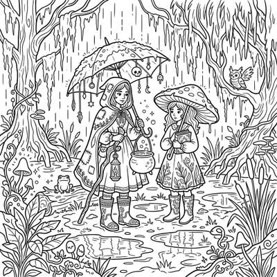 Step into a mystical wetland where two charming swamp witches brave a gentle rain, surrounded by magical details and peculiar swamp life. This intricate coloring page invites you to bring its enchanting atmosphere to life with your favorite colors.