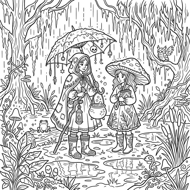 Step into a mystical wetland where two charming swamp witches brave a gentle rain, surrounded by magical details and peculiar swamp life. This intricate coloring page invites you to bring its enchanting atmosphere to life with your favorite colors.
