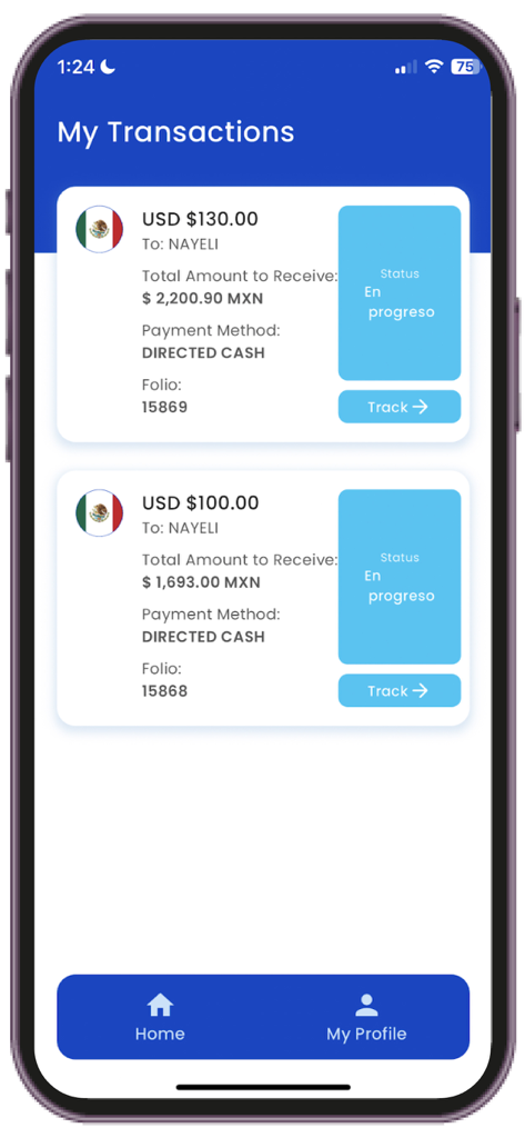Transaction history screen in the Maxi Money Status app showing money transfers in progress to Mexico.