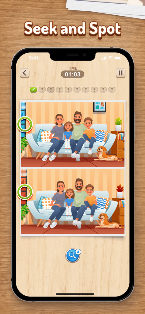 Find the Difference HD - Find the Difference HD mobile game interface showing a cartoon family puzzle scene