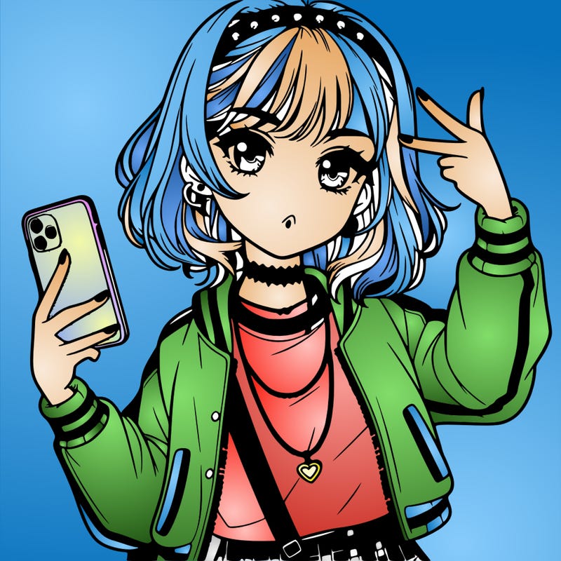beautiful manga girl with phone and selfie doing the girl power sign and wearing really trendy clothes with cool hair