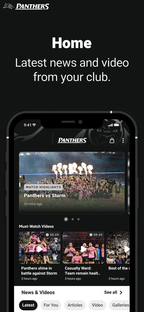 Penrith Panthers - Penrith Panthers mobile app home screen with match highlights and rugby news videos