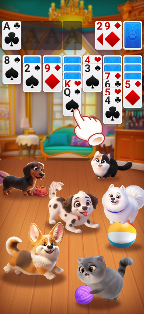 Solitaire Pets Town - A game of solitaire featuring cute cartoon dogs and cats in a cozy home setting.