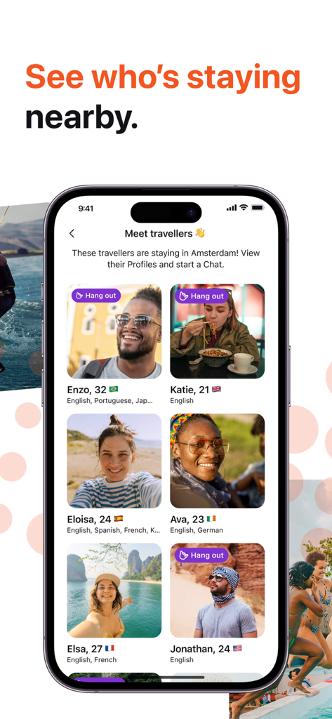 Hostelworld app screen showing traveler profiles and social features to meet people staying nearby in Amsterdam