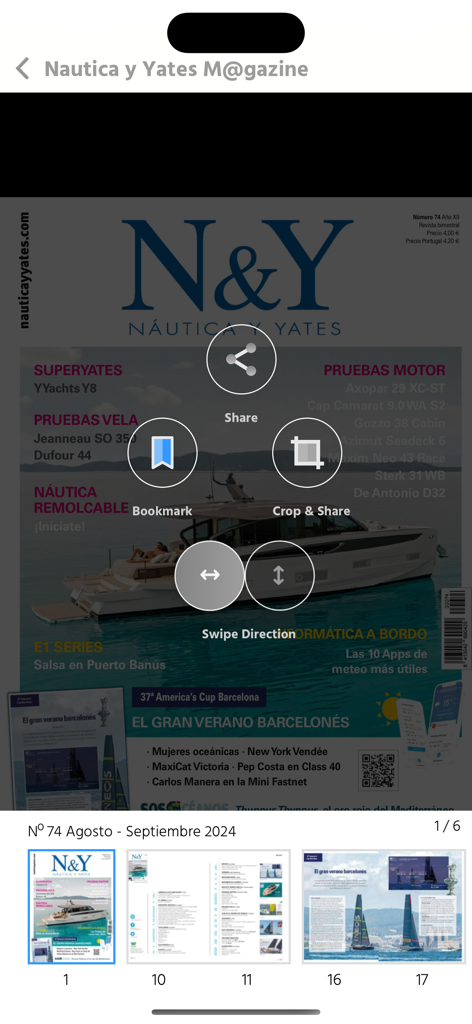 [N&Y] Nautica y Yates M@gazine - Interfaz de la aplicación de la revista digital Nautica y Yates que muestra herramientas de lectura y opciones para compartir.