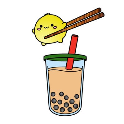 a baby mochi in chop sticks and boba tea