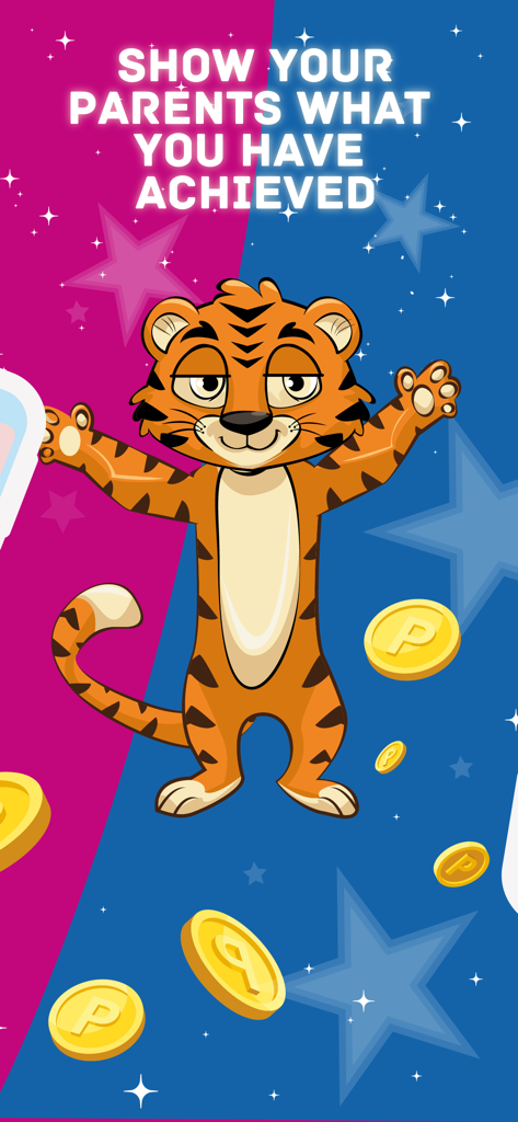Tigrow! by Kid Security - Tigrowアプリで、子供の成果を祝うカートゥーントラのマスコットと金貨。