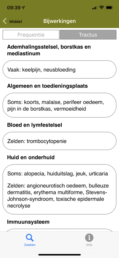 FK - Mobile interface of the FK app displaying categorized drug side effects in Dutch