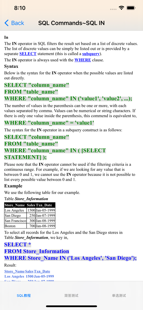 Screen from the Learn SQL app explaining the SQL IN operator with syntax and a store information example.