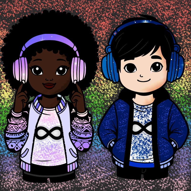 an afroamerican girl with headphones and a boy with headphones, they have an ♾️ symbol on their shirt