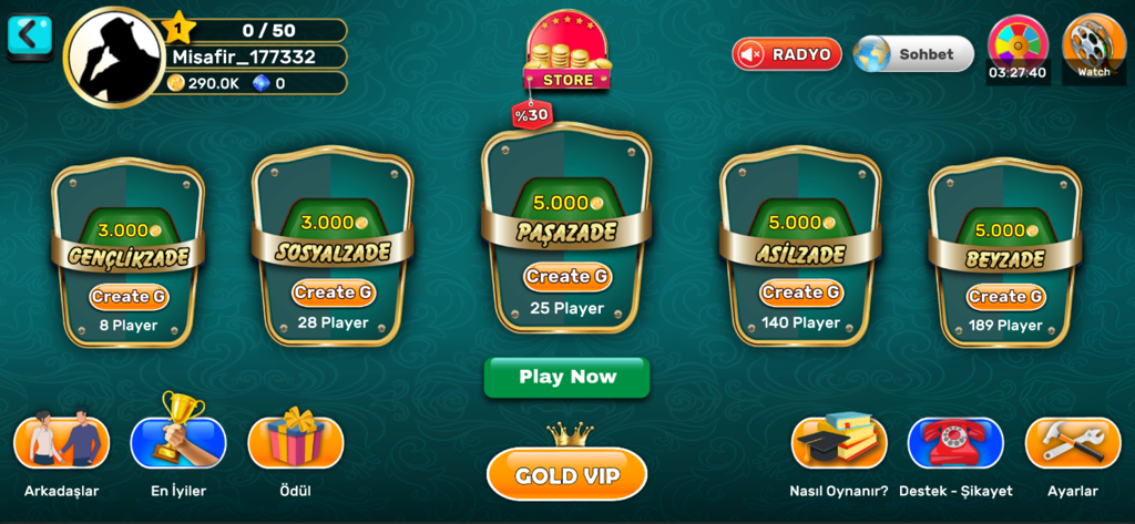 101 Yüzbir Okey Zade Games - Main lobby screen of 101 Okey Zade Games featuring various game saloons and player statistics