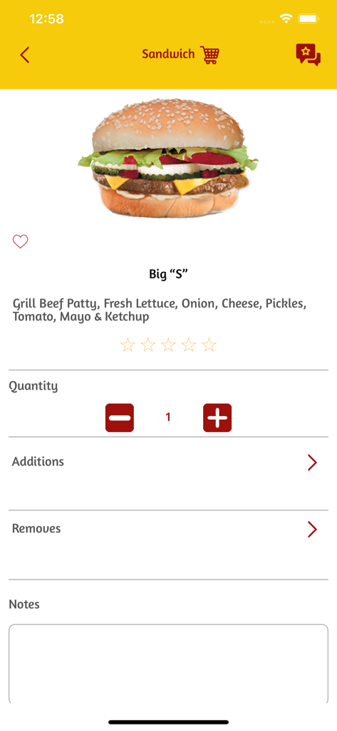 Burger-Express - Details page for a Big S burger in the Burger Express app showing ingredients and order customization options
