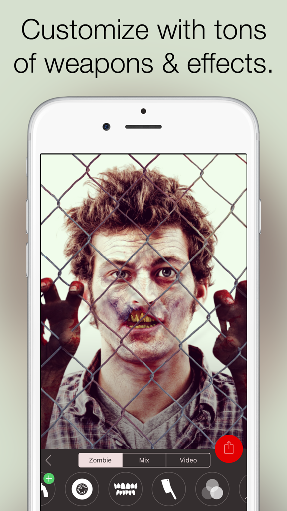 Interfaz de la app Zombify mostrando un filtro de rostro de zombi realista con opciones de personalización para ojos y armas