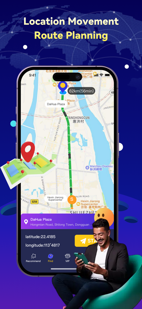 地図上での仮想位置移動とルート計画のためのAnyGoアプリインターフェースを示すスマートフォンの画面。