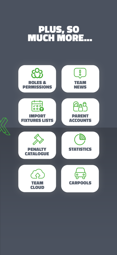 TeamPlus - Team Management - TeamPlus app feature icons including carpools statistics and parent accounts
