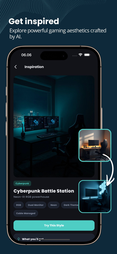 Game Room AI Designer - Mobile app screen showing a cyberpunk style gaming room setup with neon lights and dual monitors