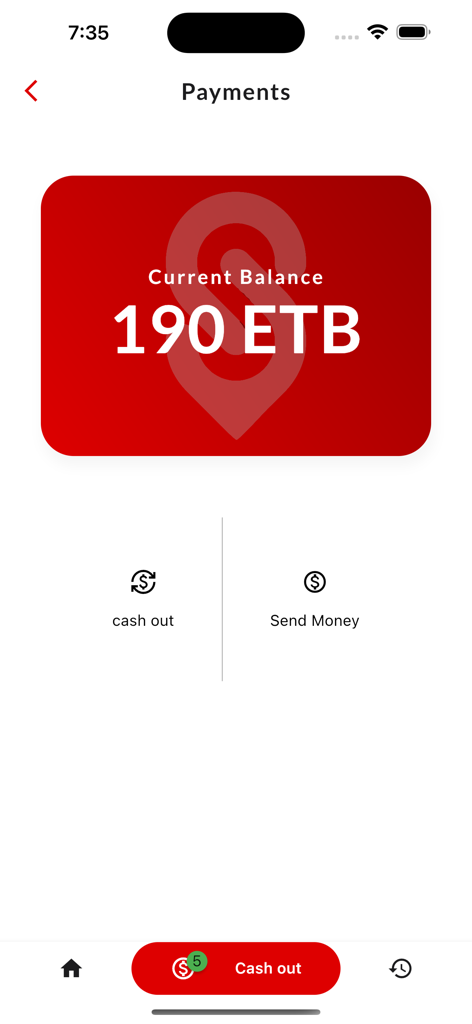 Safe ET - Safe ET app payments screen showing a current balance of 190 ETB with cash out and send money options