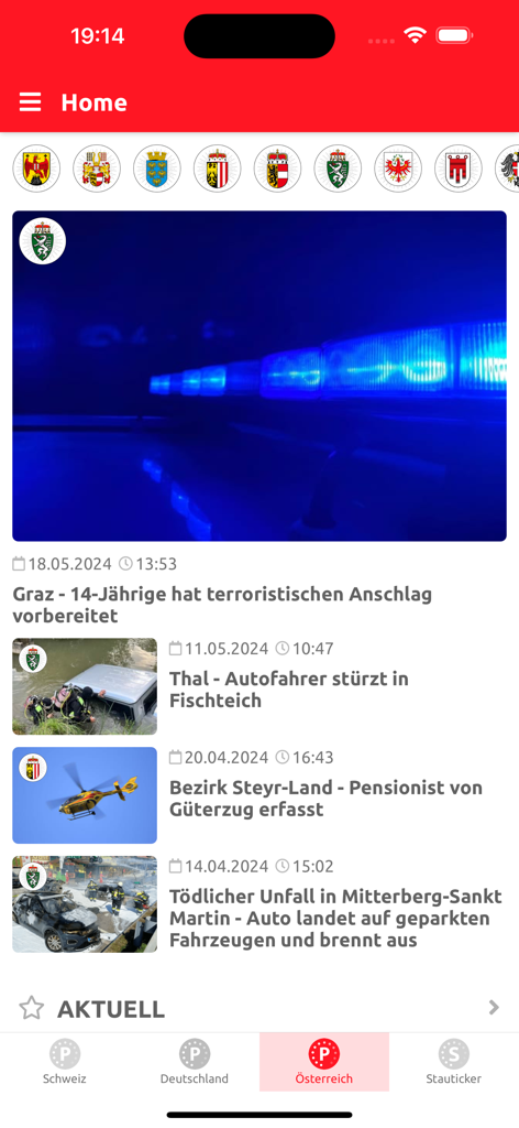 Polizeiticker - Startbildschirm der Polizeiticker-Mobil-App mit Polizeiberichten und Unfallnachrichten für Österreich.