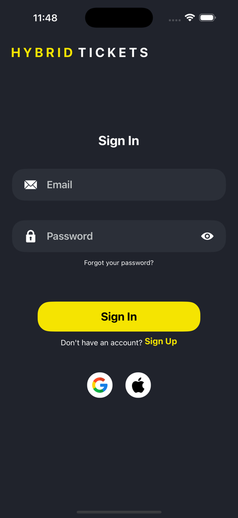 Rox Tickets - Sign-in screen for the Rox Tickets hybrid fitness race app showing email login and social authentication options