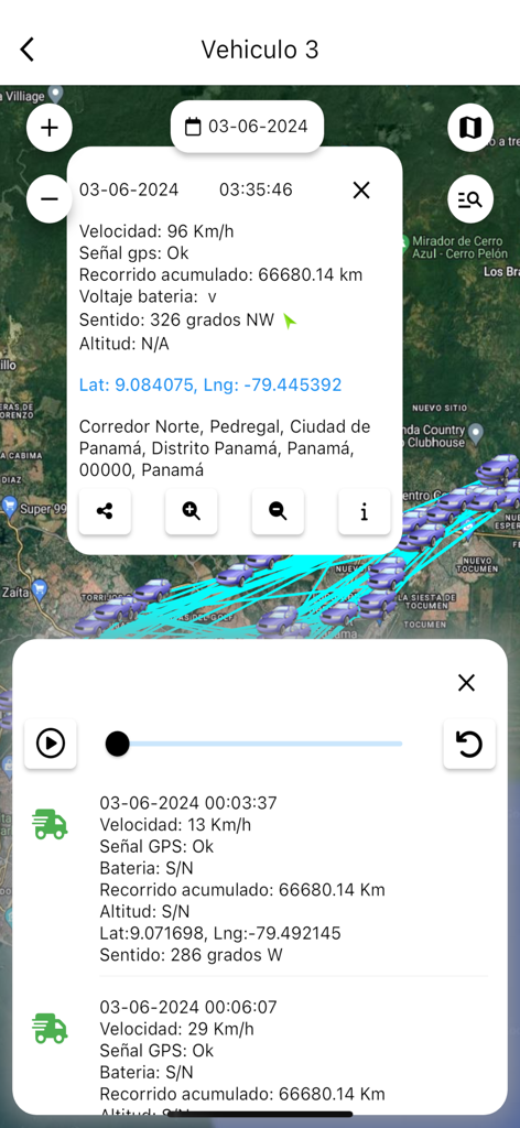 Interface of Rastreo GPS V3 showing live vehicle tracking on a map with detailed trip history logs and speed reports