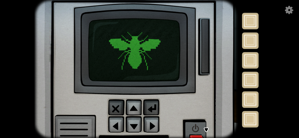 Una pantalla de computadora retro que muestra un icono de insecto pixelado verde
