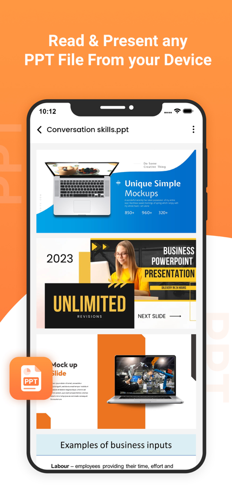 PDF Reader - Read PDF Files - PDF Reader app showing a mobile interface for viewing and presenting PowerPoint files