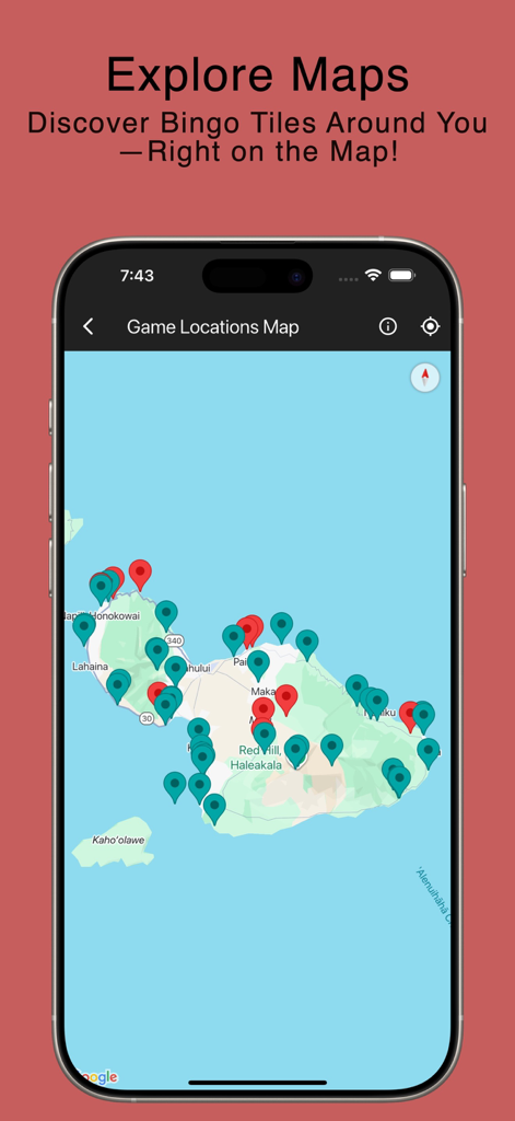 Vaygo Bingo - Travel Game - iPhone showing Vaygo Bingo game locations map with pins over an island