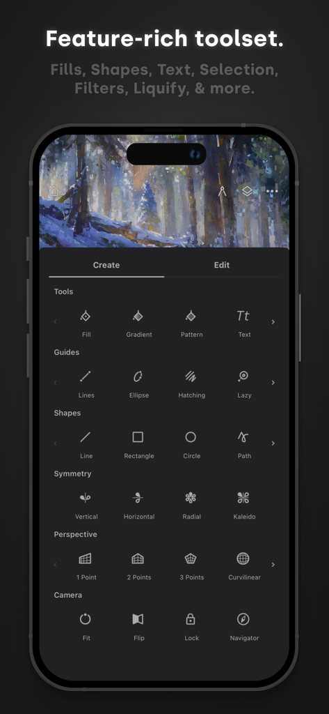 Infinite Painter app interface showing a comprehensive menu of creative tools including guides shapes symmetry and perspective options