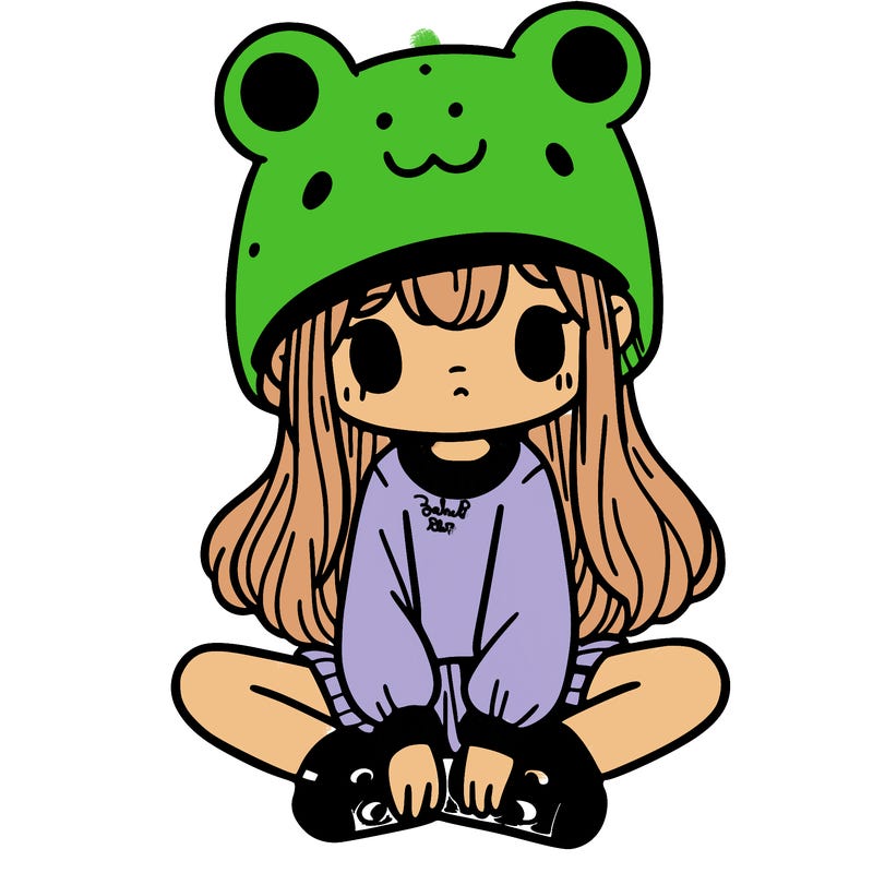 a girl wearing a frog hat and some frog socks
