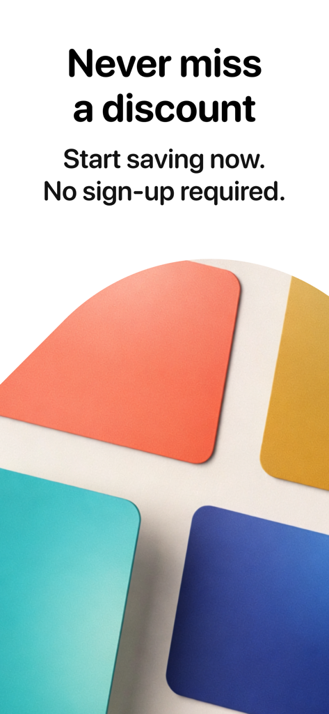 Écran de démarrage de l'application Loyalty Cards avec un texte indiquant de ne manquer aucune réduction et ne nécessitant aucune inscription