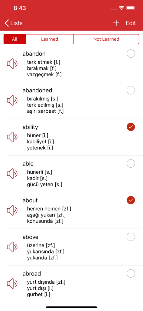 Tureng Vocabulary Notebook - English to Turkish vocabulary list with word translations and learning progress checkboxes in Tureng app