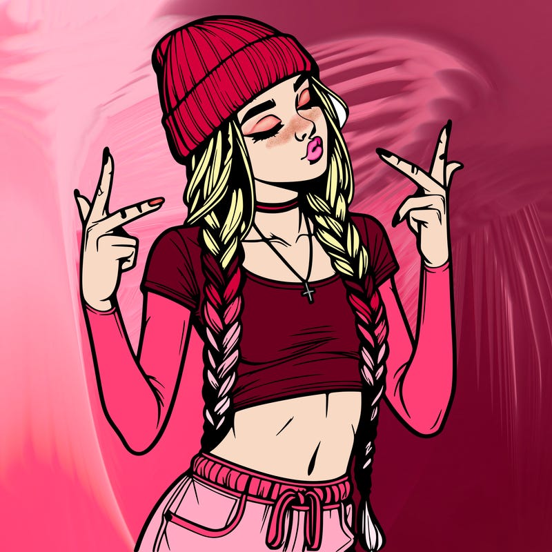 realistic teenage girl with braids and a beanie and crop top doing 🫶🏼