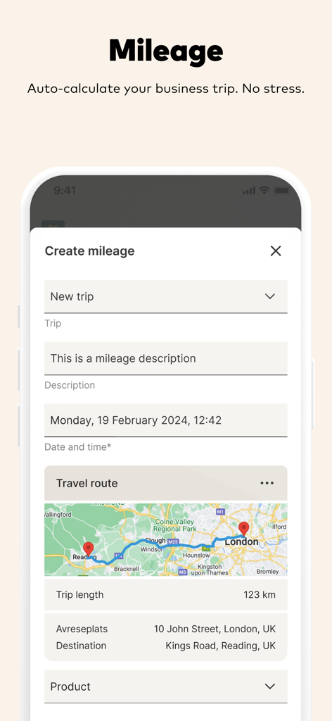Mobile app interface for business mileage tracking showing a trip map and auto-calculated distance
