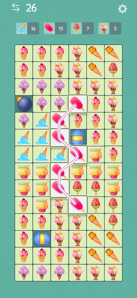 Tile Link - Match & Connect - Gameplay screenshot of Tile Link showing a player connecting pink popsicle tiles on a grid of colorful ice cream treats.
