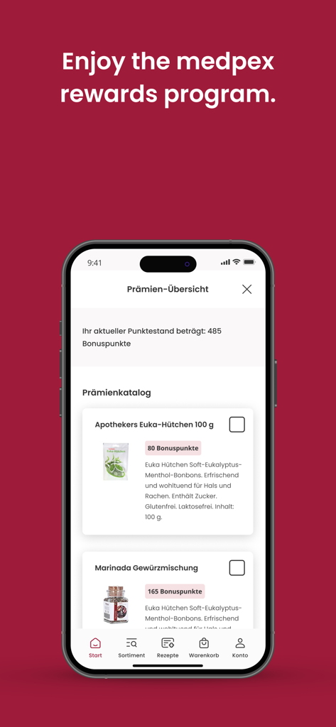 Pantalla de recompensas de la app móvil de Medpex que muestra el programa de fidelidad con el saldo de puntos de bonificación y el catálogo de productos.