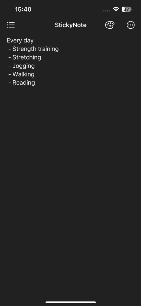 Sticky Note Widget - Cute Memo - Dark mode interface of Sticky Note app showing a bulleted daily routine list including strength training, jogging, and reading