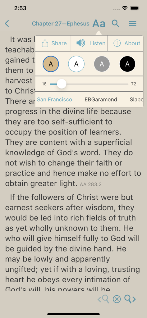 EGW Writings 2 - Menu de personalização de leitura no aplicativo EGW Writings 2 mostrando opções de tamanho de fonte e tema