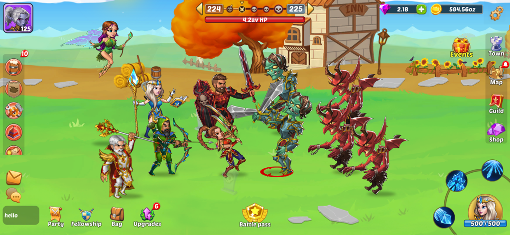 Firestone: An Idle Clicker RPG - Firestone idle RPG gameplay showing a team of fantasy heroes battling monsters in a grassy field