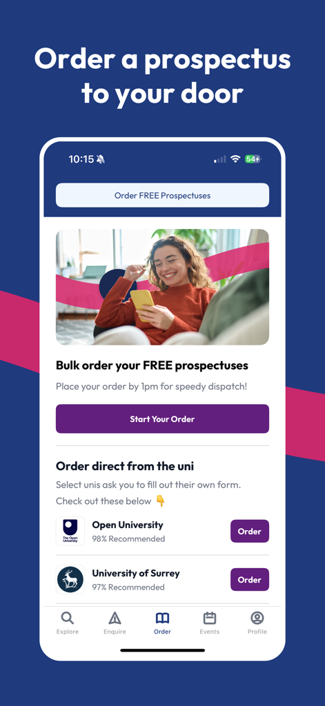 Interface of Uni Compare app showing options to order free university prospectuses