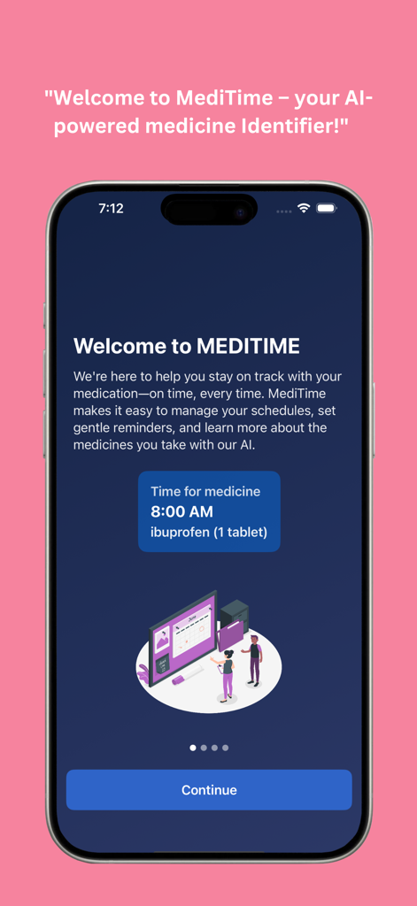 Medify:AI Medicine Identifier - Pantalla de bienvenida de la aplicación Medify mostrando un recordatorio de medicamento para ibuprofeno a las 8:00 AM