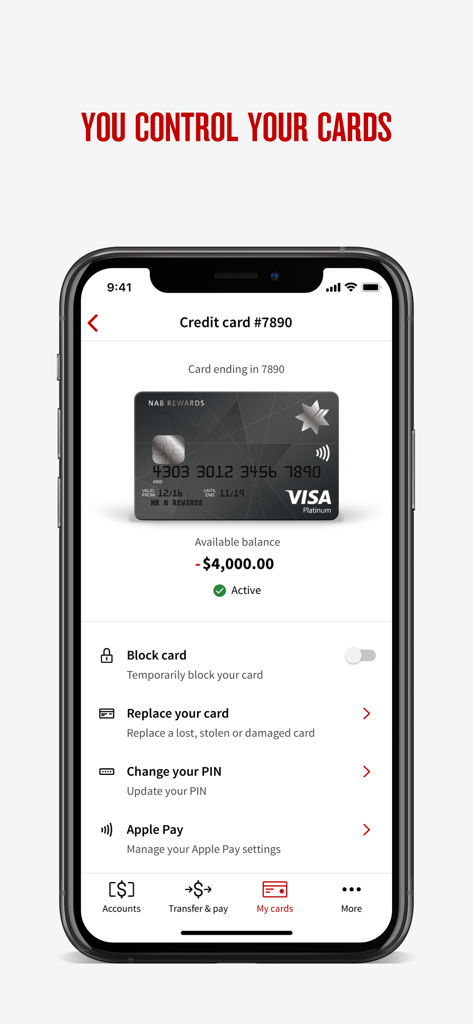 NAB Mobile Banking app interface for managing credit cards with options to block replace or change PIN