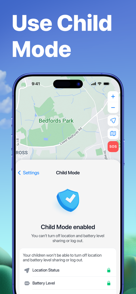 Findo app interface showing child mode enabled with location and battery level sharing locked