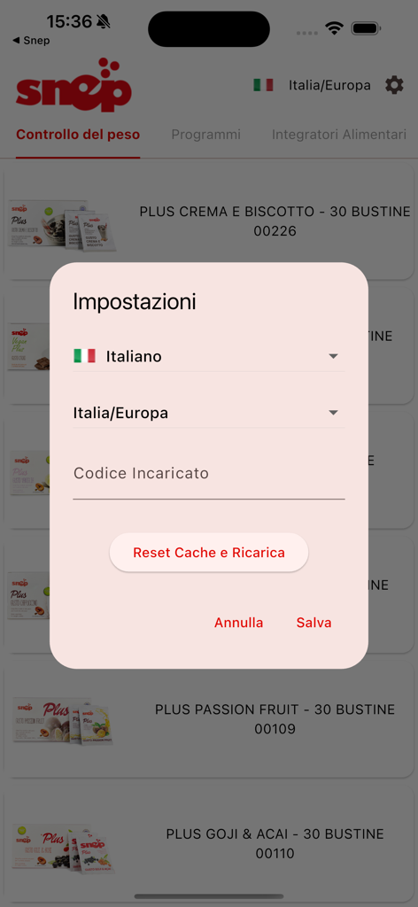 Snep - Settings modal in the Snep app for language and region selection over a product catalog