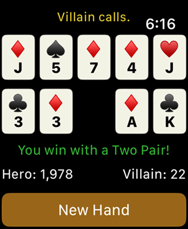 Mini-Poker - Mini-Poker gameplay on Apple Watch showing a winning two pair hand against an AI opponent