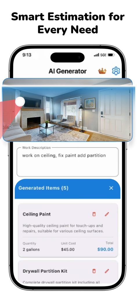 AI Invoice Maker - ServiFocus - Mobile screen showing AI generator estimating costs for home renovation services