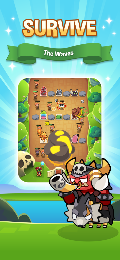 Summoner's Greed gameplay showing monsters defending against waves of heroes in an idle tower defense battle.