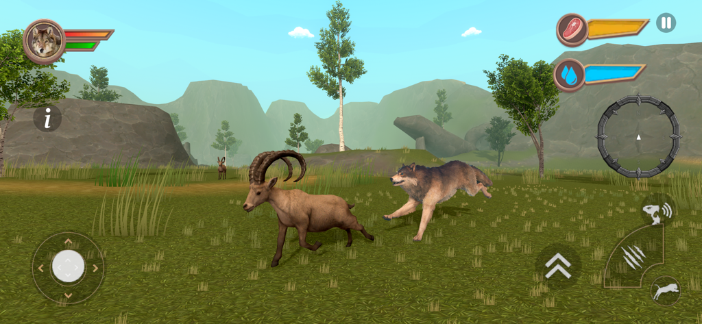 Wild Wolf Family Simultator - Écran de gameplay d'un loup poursuivant un bouquetin dans un environnement de monde ouvert